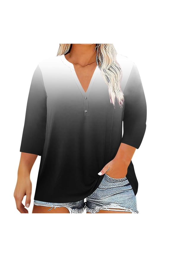 Blouses for Women 3/4 Sleeve Plus Size Gradient Color V Neck Trendy Casual Pullover Tops(Black/L)