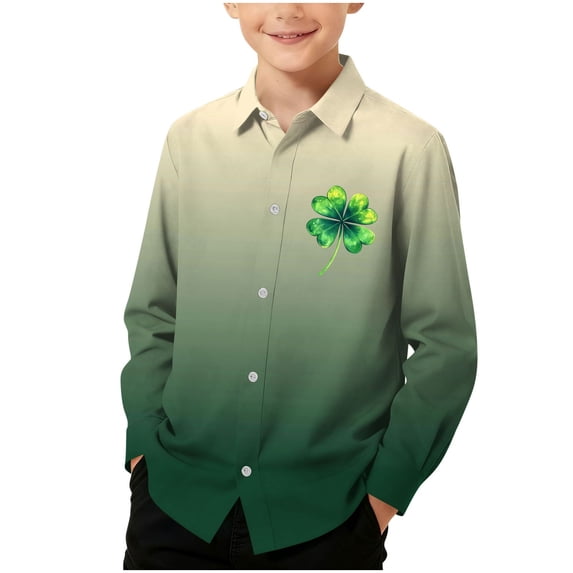 Hxshgdsn Boys Girls St. Patricks Day Shirts Cute Printed Kids Button Down Long Sleeve Blouse Trendy Gradient Color Tops Army Green A 13-14 Years