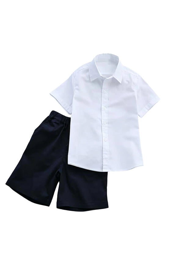 Boys School Uniform 2 Piece Set Casual Dress Short Sleeve Button Down Shirt and Elastic Waist Shorts（Navy/13 Years）