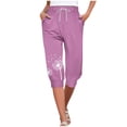 thumbnail image 1 of Hxshgdsn Capris Leggings for Women Floral Printed Patchwork Color Block Stripe Drawstring Yoga Pants Summer Casual Cropped Leg Pants,Purple,S, 1 of 4