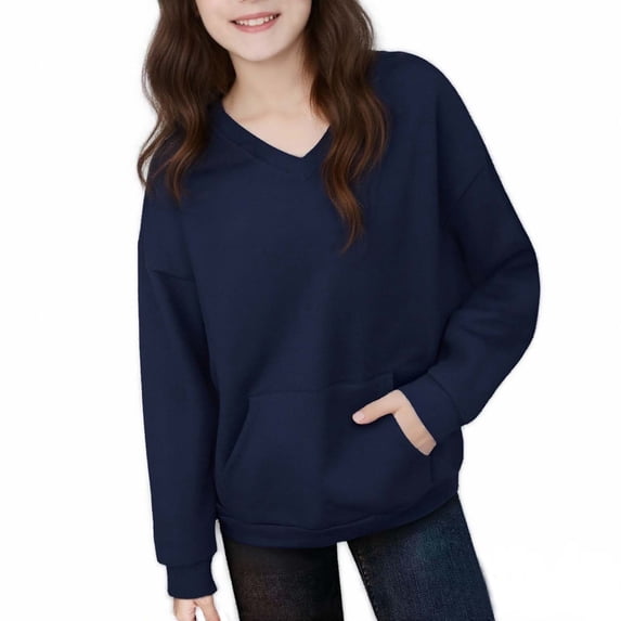Hxshgdsn Childrens V Neck Sweatshirts With Pocket Fleece Warm Trendy Pullover Winter Fall Tops Navy 9 Years