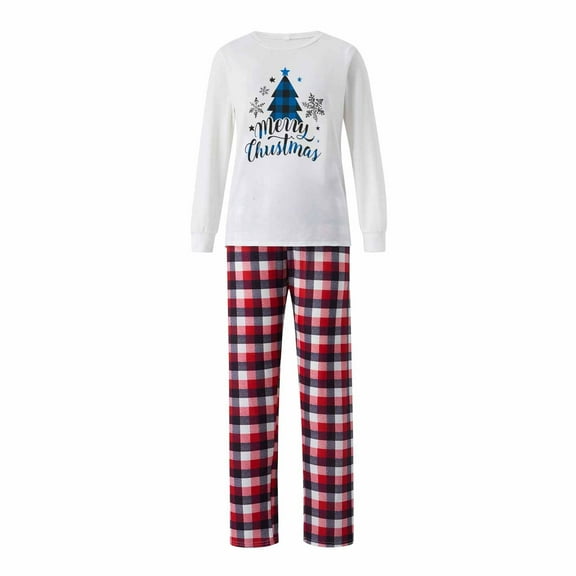 Hxshgdsn Christmas Family Matching Pajamas Set Cute Xmas Tree Printed Crew Neck Tops And Plaid Pants Loungewear Multicolor 2 Dad 3Xl