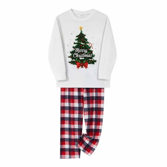 Hxshgdsn Christmas Family Matching Pajamas Set Cute Xmas Tree Printed Crew Neck Tops And Plaid Pants Loungewear Multicolor 5 6Y