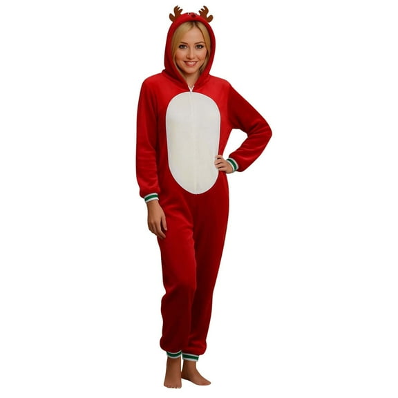 Hxshgdsn Christmas Onesie Pajamas For Family Cute Ears Jumpsuit With Zipper Hooded Trendy Holiday Red Mom M