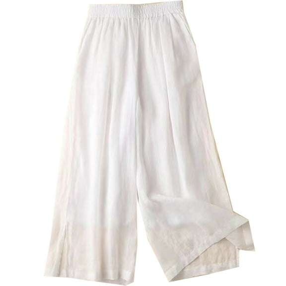 Hxshgdsn Cotton Linen Pants for Women Elastic High Waist Straight Wide Leg Solid Split Everyday Wear Work Casual Pants,White 1,2XL