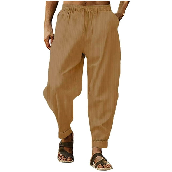 Hxshgdsn Cotton Linen Sweatpants For Mens Drawstring Elastic Waist Trousers，Breathable Casual Workwear Khaki 2Xl