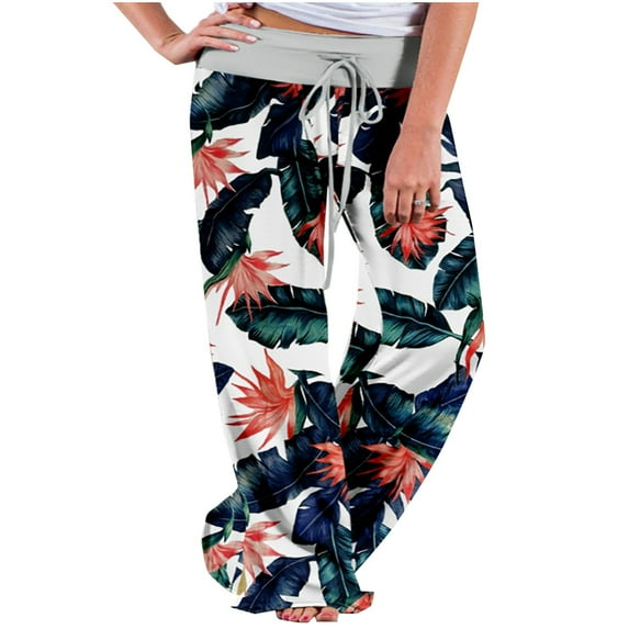 Hxshgdsn Cotton Pants Womens Summer Casual Floral Print Elastic High Waisted Straight Wide Leg Boho Comfy Flowy Beach Pants with Pockets,Black,XL