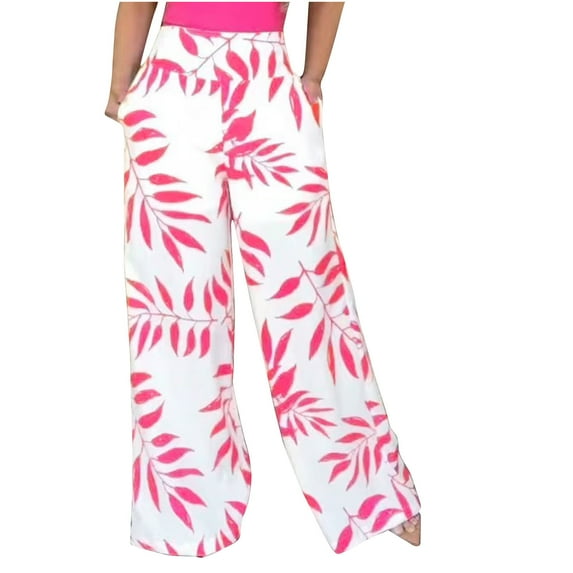 Hxshgdsn Cotton Pants Womens Summer Casual Floral Print Elastic High Waisted Straight Wide Leg Boho Comfy Flowy Beach Pants with Pockets,Hot Pink,S
