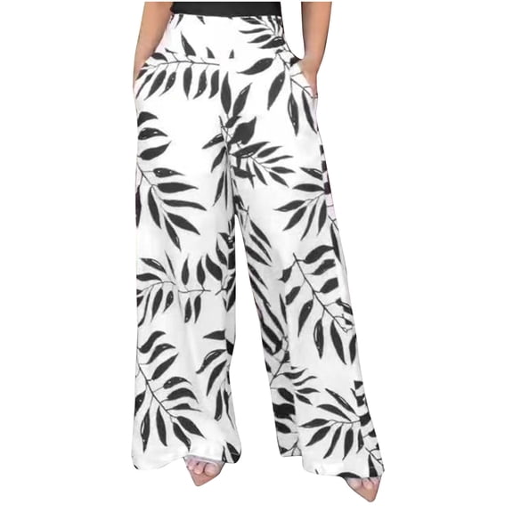 Hxshgdsn Cotton Pants Womens Summer Casual Floral Print Elastic High Waisted Straight Wide Leg Boho Comfy Flowy Beach Pants with Pockets,White,S