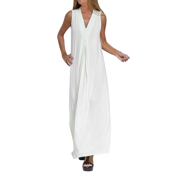 Hxshgdsn Cotton Sleeveless Summer Maxi Dress Pullover V-Neck Tank Long Dress Plus Size Loose Casual Dress for Women,White,2XL
