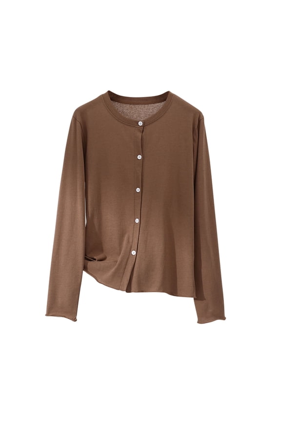 Crew Neck Trendy Cardigans For Women Lightweight Button Down Jacket Brown 2Xl