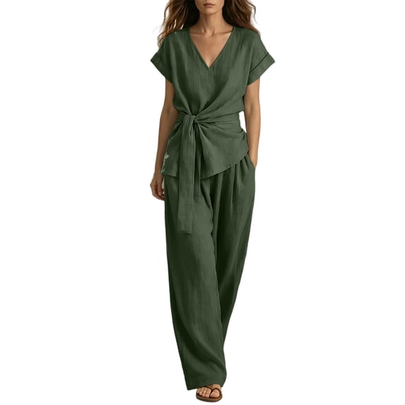 Hxshgdsn Dress Casual Sets for Womens Wrap Tie Waist Short Sleeve Top Wide Leg Long Pants 2 Piece Vacation Daily(Army Green/2XL)