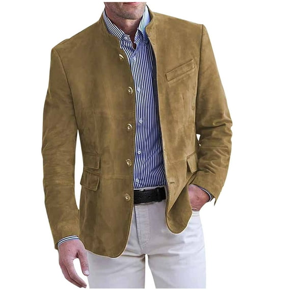Hxshgdsn Fall Outfits For Men 2025 Fashion Man Breasted Buckle Pocket Leisure Solid Color Long Sleeves Blazer Khaki M