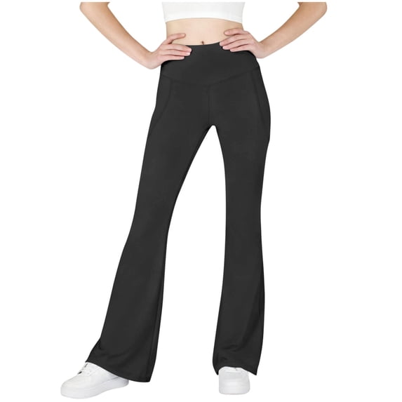Hxshgdsn Flared Leggings For Girls High Waist Stretchy Casual Athletic Trousers With Pocket Black 12-13 Years