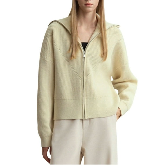 Hxshgdsn Full Zip Cardigan Sweaters For Women V Neck Long Sleeve Jacket Ribbed Knit Tops Beige Free Size