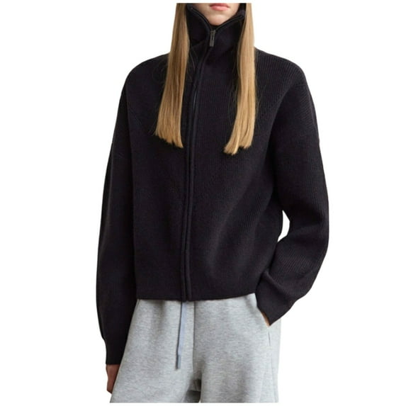 Hxshgdsn Full Zip Cardigan Sweaters For Women V Neck Long Sleeve Jacket Ribbed Knit Tops Black Free Size