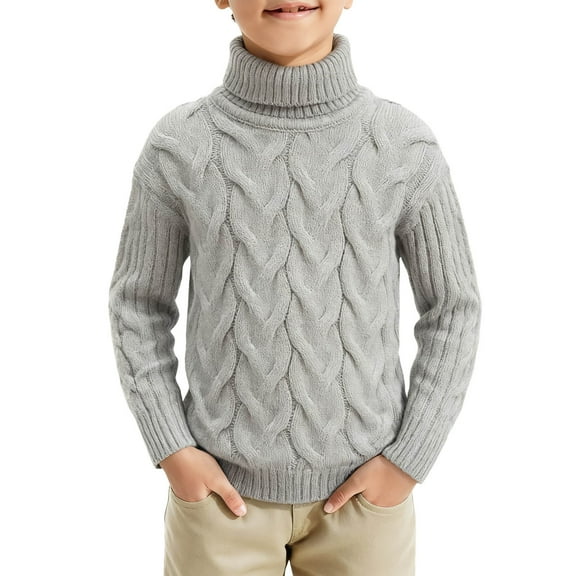 Hxshgdsn Girls Boys Cable Knit Sweaters Ribbed Turtleneck Long Sleeve Sweatshirts Thick Warm Winter Tops Gray 6-7Years