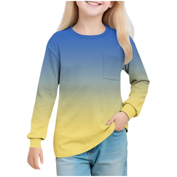 Hxshgdsn Girls Cotton Soft T Shirt Crew Neck Long Sleeve Gradient Color Pullover Tops Fall Spring Yellow 13 Years