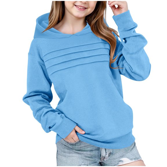 Hxshgdsn Girls Crewneck Sweatshirt With Hoodie Lightweight Outfits Pleated Front Long Sleeve Pullover Tops Tunic Fall Light Blue 13 Years