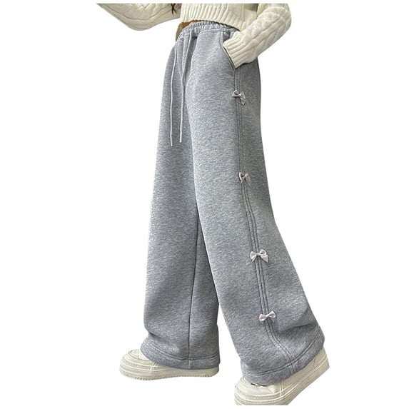 Hxshgdsn Girls Cute Sweatpants With Pocket Wide Leg Drawstring Elastic Waist Long Pant Trendy Side Bow Tie Gray 5-6 Years