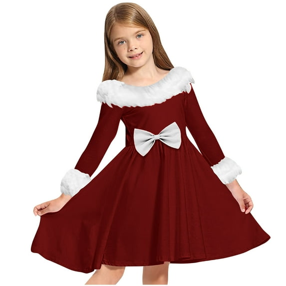 Hxshgdsn Girls Party Dresses Velvet Fuzzy Neck Bow Long Sleeve Dress Patchwork Holiday Wine 150
