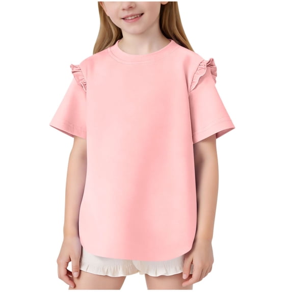 Hxshgdsn Girls Short Sleeve T Shirts Cotton Double Layer Ruffle Kids Crewneck Tunic Tops Trendy Cause Tees Pink 7-8 Years