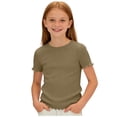 thumbnail image 1 of Hxshgdsn Girls Short Sleeve T Shirts Ribbed Crew Neck Solid Color Casual Summer Pullover Tops（Brown/11-12 Years）, 1 of 8