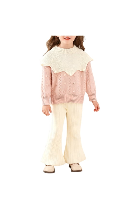 Girls Spring Clothes Set Color Block Knit Sweaters Flared Pants Outdoor Vacation Pink 2-3 Years
