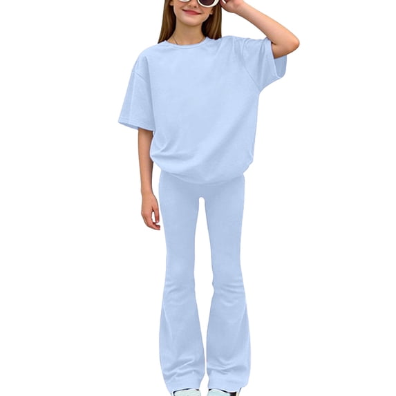 Hxshgdsn Girls Summer Sport Sets Solid Color Short Sleeve Tees Stretchy Yoga Pants Casual Trendy 2Pcs Sky Blue 12-13Years
