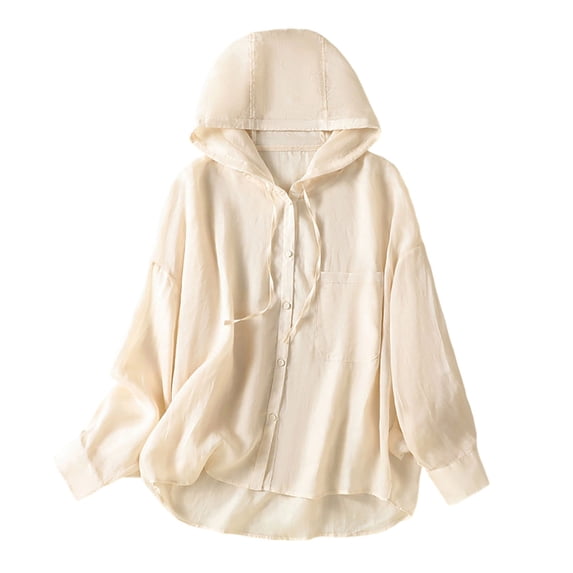 Hxshgdsn Hooded Shirts for Womens UPF 50+ Sun Protection Long Sleeve Button Down with Pocket Lightweight Casual Jacket Hiking Outdoors(Beige/L)