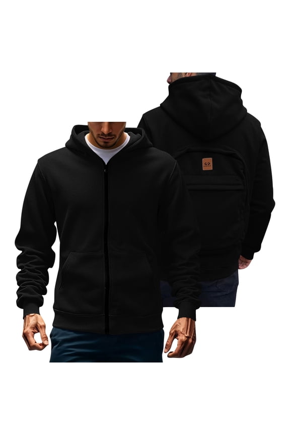 Hooded Sweatshirt For Men Zip Up Fleece Backpack Style Opening Couple Matching Tops Black 3Xl