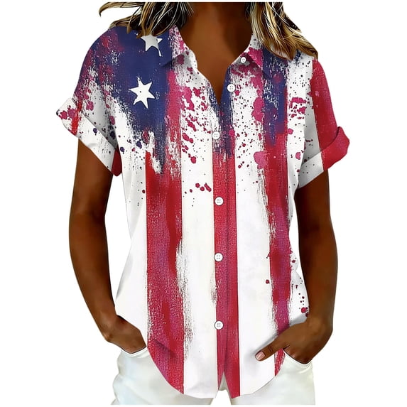 Hxshgdsn July 4th for Womens American Flag Stars Print Button Down Short Sleeve Casual Shirt Loose Fit(Red/L)