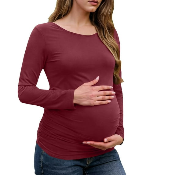 Hxshgdsn Maternity Long Sleeve Shirts Crew Neck Pullover Soft Solid Color Tops Basic Casual Pregnancy Clothes Wine S