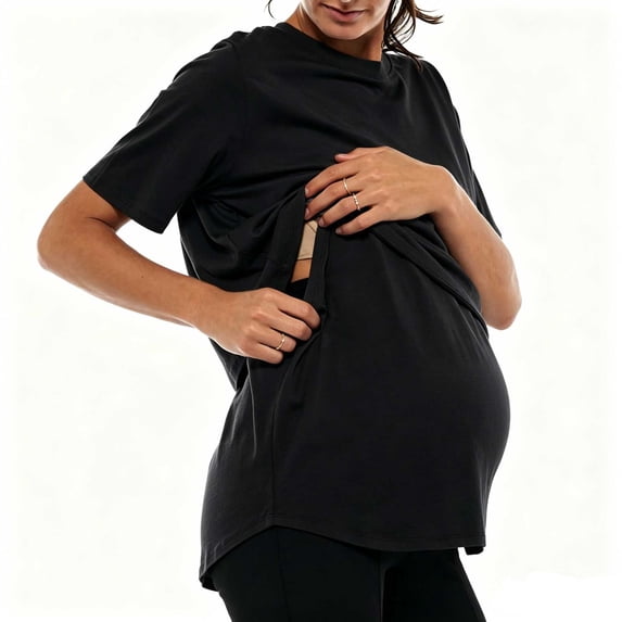 Hxshgdsn Maternity Nursing Cotton T Shirt with Side Access Short Sleeve Crew Neck Tees for Pregnant Women Comfy Summer Casual Outfits(Black/XL)