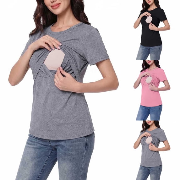 Hxshgdsn Maternity Nursing T Shirt with Overlapping Front Short Sleeve Round Neck for Breastfeeding Pregnant Women(Gray/L)