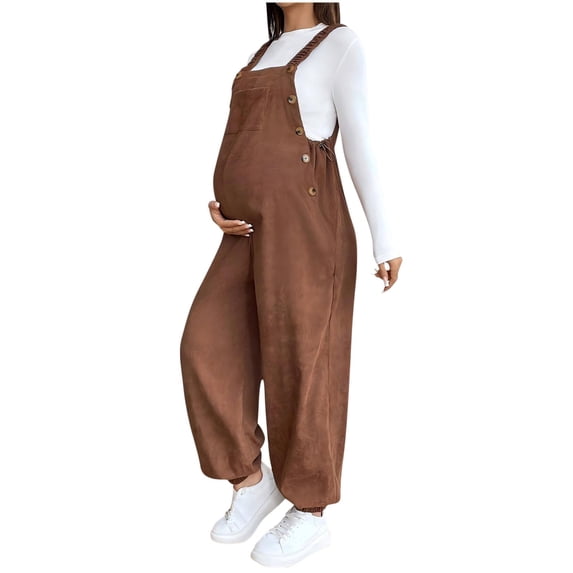 Hxshgdsn Maternity Overalls For Womens Wide Leg Adjustable Waist Pregnancy Jumpsuits With Pocket Brown Xl