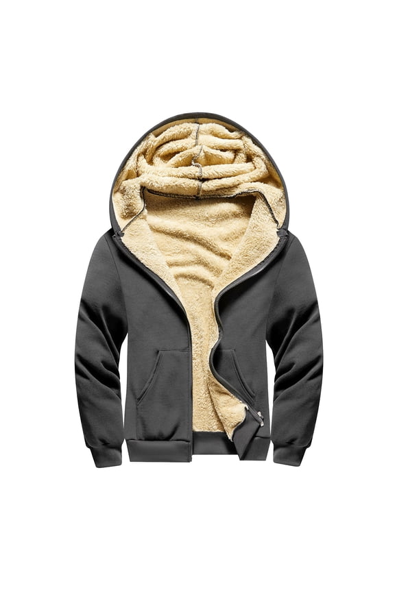 Men'S Solid Color Thick Lamb Wool Long Sleeved Hooded Zipper Cardigan Jacket Gray 3Xl