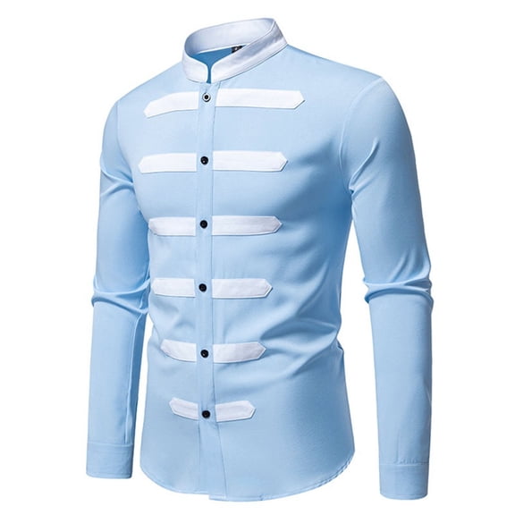 Hxshgdsn Men Stand Collar Dress Shirt Regular Fit Long Sleeve Casual Business Pullover Crew Neck Lightweight Tops Light Blue 2Xl