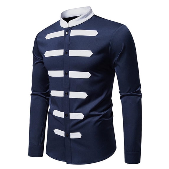 Hxshgdsn Men Stand Collar Dress Shirt Regular Fit Long Sleeve Casual Business Pullover Crew Neck Lightweight Tops Navy M