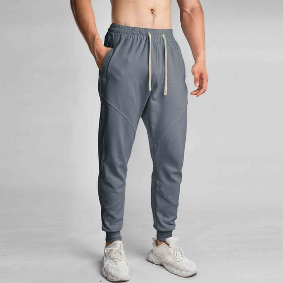 Hxshgdsn Men's Pants Men Solid-Color Sports Casual Breathable Running Drawstring Zipper Pocket Pants Elasticity Ankle Pants Dark Gray L