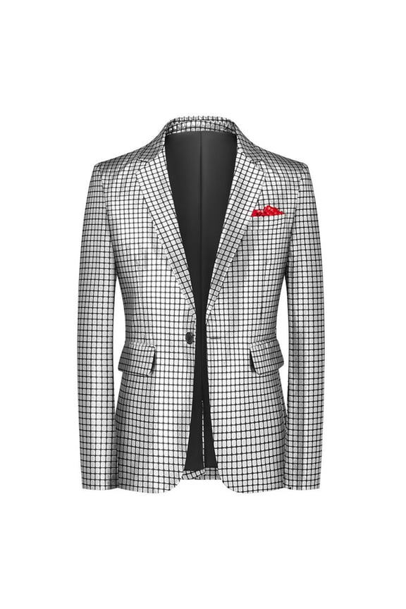 Mens Blazer Shiny Formal Suit Jacket Allover Metallic Grid Check Party Single Button Slim Fit for Stage Performance and Holiday Celebration(Silver/S)