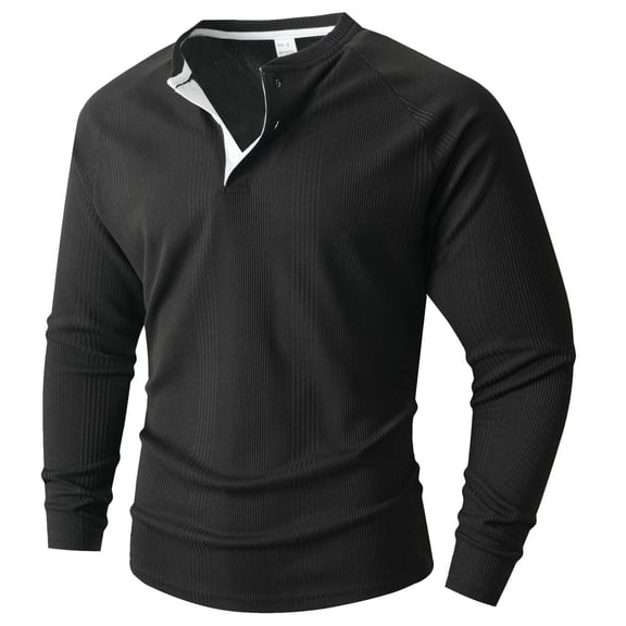 Hxshgdsn Mens Casual Crew Neck Blouse Henley Collar T Shirt Crew Neck Pullover Top Black Xl
