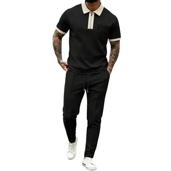 Hxshgdsn Mens Half Zip Collar 2 Piece Outfit Set Short Sleeve Top & Drawstring Pants Tennis Golf Activewear(Black2XL)