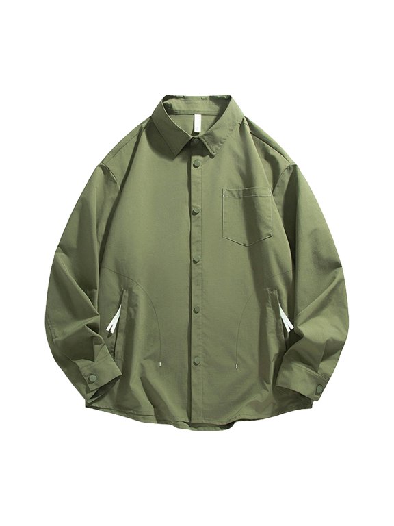 Mens Point Collar Stitch Detail Button Down Shacket Single Chest Pocket Side Hidden Pocket Loose Fit Long Sleeve Casual Shirt Jacket(Army Green/S)