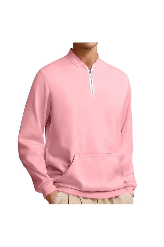 Mens Quarter Zip Sweatshirts Mock Neck Pullover Long Sleeve Sweater Half Zip Shirt With Large Pocket Pink S