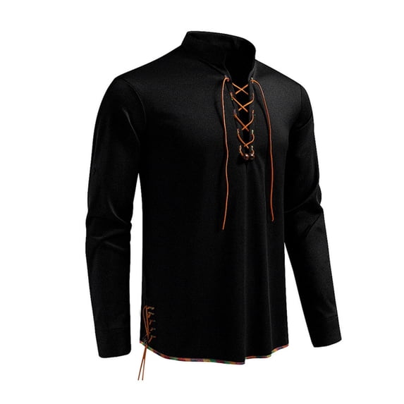 Hxshgdsn Mens Retro Lace Up Shirts Medieval Vintage Long Sleeve Crew Neck Casual Pullover Black Xl