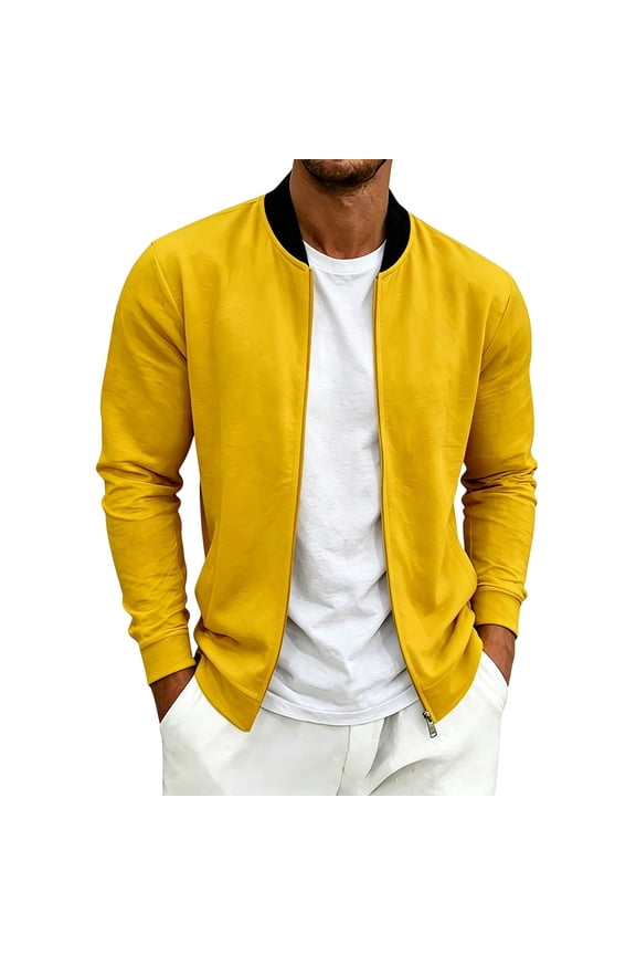 Mens Rib Collar Open Front Jacket Full Zip Loose Fit Smooth Casual Outerwear with Side Slip Pockets for Daily Streetwear(Yellow/S)