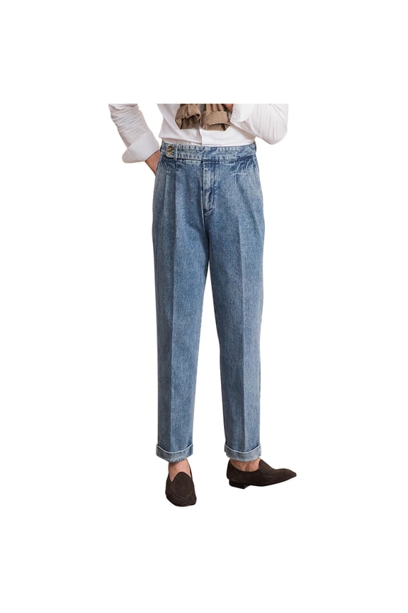 Mens Straight Leg Denim Chinos High Waisted Trousers Zipper Button Pants Casual Business Trendy Light Blue 3Xl