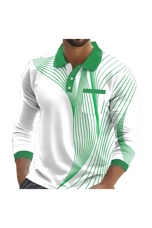 Mens Stripped Casual Shirts Long Sleeve Henley Collar Blouse Stretch Sport Lapel Tops With Pocket Green 2Xl