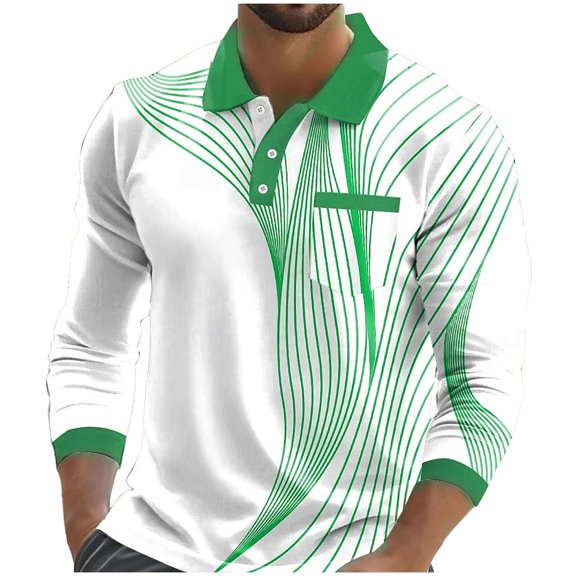 Hxshgdsn Mens Stripped Casual Shirts Long Sleeve Henley Collar Blouse Stretch Sport Lapel Tops With Pocket Green Xl